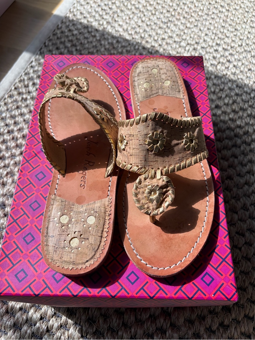 Jack Rogers Tan Cork Floral Toe-Loop Sandals